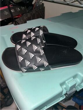 adidas Black Slide Sandals with White Logo Trim